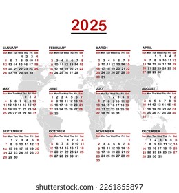 2025 calendar with world map