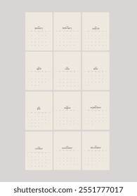 Ilustración vectorial estética de Año calendario 2025. la semana comienza el domingo, Plantilla de diseño de color neutral de planificador simple, calendario de escritorio 2025 año, calendario de pared 2025 Plantilla, medios impresos, publicidad