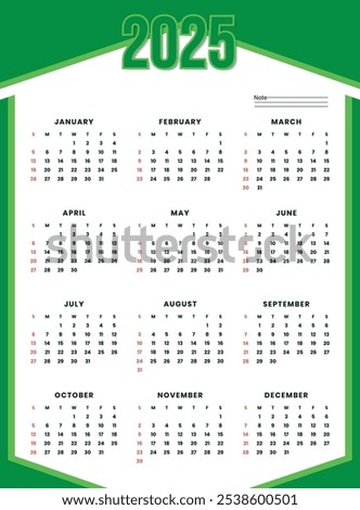 2025 Calendar Year at a Glance with Green Accents