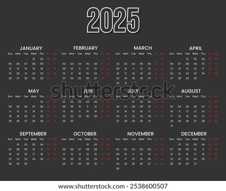 2025 Calendar Year At A Glance on Dark Background