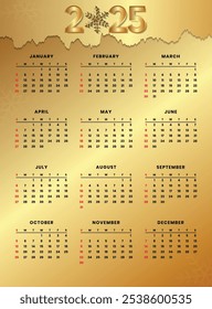 2025 Calendar Year on Gold Background with Snowflake Design