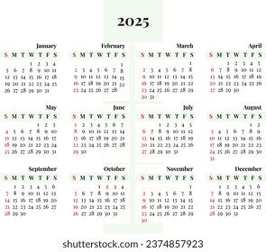 2025 calendar year vector illustration. week starts Sunday, Minimalist design template, wall calendar 2025 template, print media, advertisement
