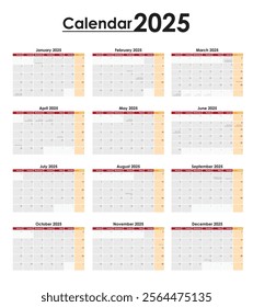 2025 Calendar year vector illustration. The week starts on Monday. Annual calendar 2025 template.