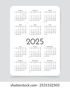 2025 calendar. Yearly calender organizer. Grid template with 12 months. Calendar layout in vertical simple design in English. Week starts Sunday. Desk, pocket or wall organaizer. Vector illustration. 