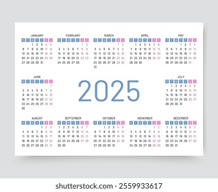 2025 calendar. Yearly calender organizer. Grid template with 12 months. Calendar layout in horizontal color design in English. Week starts Monday. Desk, pocket or wall organizer. Vector illustration