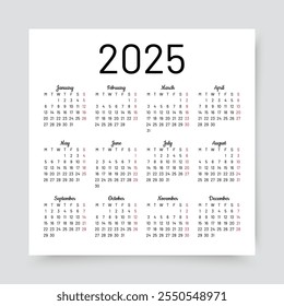 Calendario 2025. Plantilla anual del calendario. La semana comienza el lunes. Rejilla organizadora con 12 meses. Diseño del calendario para el año en inglés. Diseño simple cuadrado de bolsillo. Ilustración vectorial.