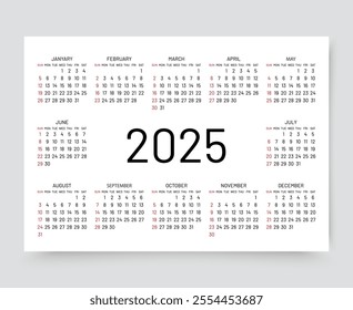 2025 calendar. Yearly grid with 12 month. Template of pocket or wall calenders. Week starts Sunday. Organizer layout in simple design. Desk planner. Landscape orientation, English. Vector illustration