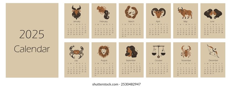 Kalender 2025 mit Sternzeichen-Symbolen. Horoskop.  Kalenderplaner Minimalstil, jährlicher Organisator