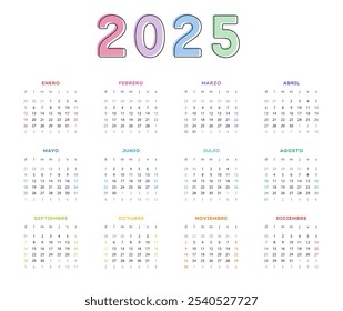 2025 Calendario colorido con fondo blanco en español, calendario corporativo con colores pastel, agenda 2025 de cores 