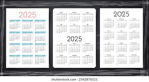 Calendarios de 2025. Calendario por año. Plantilla de bolsillo o pared. Organizador anual con 12 meses. Conjunto de diseños de planificador en diseño simple. Ilustración vectorial. Orientación de Vertical de retrato A4