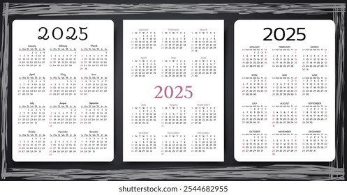 Calendarios de 2025. Organizador de calendario anual. Plantilla de la rejilla con 12 meses. Diseños de calendario en Vertical de diseño simple en inglés. La semana comienza el domingo. Organizador de escritorio, bolsillo o pared. Ilustración vectorial