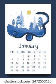 El calendario 2025 Calendar.Stylized enero diseño del calendario de invierno con la serpiente caprichosa y el paisaje nevado.