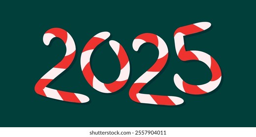 2025 candy cane lettering, hand drawn numbers, bright vector illustration