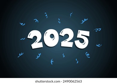2025 caricatura dibujado a mano número de texto cómico con confeti. Feliz Año Nuevo y Feliz Navidad Navidades diseño de tarjeta de felicitación. Concepto colorido del diseño del eps del Vector de la Navidad