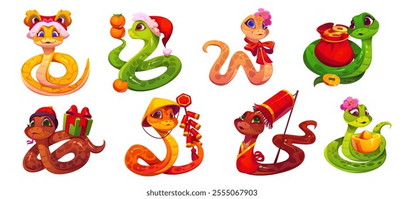 2025 cartoon snake characters for Chinese lunar New Year, vector personages. Funny snakes in dragon mask with lanterns and firecracker petards or Santa gifts for 2025 Chinese lunar New Year calendar