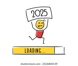 2025 character holding sign with loading Bar – Happy new year illustration