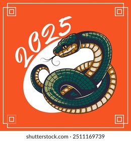 Banner de ano novo do calendário chinês de 2025. Símbolo zodíaco bonito horóscopo de cobra de madeira verde. Astrologia lunar asiática para cartão, capa, adesivo. Ilustração vetorial.