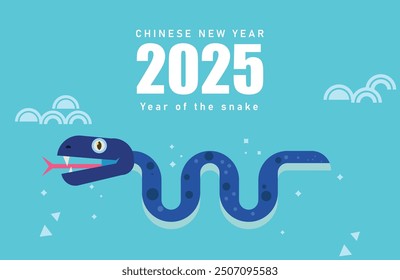 2025 Chinese Illustration of the 2025 Year of the Blue snake , Chinese snake 2025 Card. Happy Lunar New Year 2025 or Chinese New Year of the snake cute cartoon card
