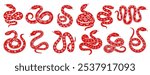 2025 Chinese lunar New Year snake reptiles for Asian holiday decoration, vector icons. Red snakes or serpent vipers in twirl circle with floral ornament for 2025 year calendar and Chinese New Year