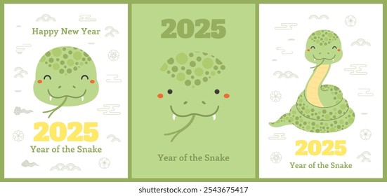 2025 Chinês Lunar Ano Novo bonito cartaz de cobra, coleção de banner, nuvens, flores de ameixa, elementos abstratos. Ilustração de vetor de estilo plano. Conceito de design CNY, Seollal, Elemento de decoração de cartão de feriado de teste