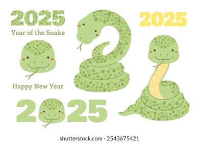 2025 Chinese Lunar New Year cute cartoon snake clipart collection, isolated on white. Flat style vector illustration. Design concept for CNY, Seollal, Tet holiday card, banner, poster, decor element