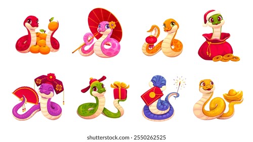 2025 Chinese lunar New Year cartoon snake characters for holiday, vector personages. Funny cartoon snakes with Asian umbrella, red lantern and gold sycee ingot for 2025 Chinese lunar New Year snakes