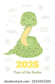 2025 Chinese Lunar New Year cute cartoon snake, clouds, plum blossoms, abstract elements. Flat style vector illustration. Design concept CNY, Seollal, Tet holiday card, banner, poster, decor element