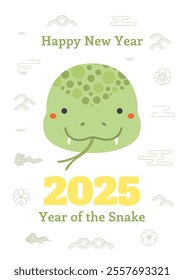 2025 Chinese Lunar New Year cute cartoon snake, clouds, plum blossoms, abstract elements. Flat style vector illustration. Design concept CNY, Seollal, Tet holiday card, banner, poster, decor element