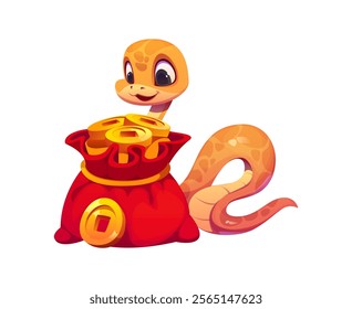 2025 Chinese Lunar New Year cartoon snake character with red bag full of gold coins, adorned with a ribbon. Festive cute reptile animal symbolizing wealth and prosperity for Asian holiday celebration