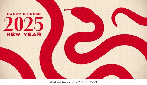 2025 Chinese lunar new year poster with red snake silhouette. Vector sleek Cny banner featuring bold and elegant flowing reptile snake outline with intricate patterns set against a beige background