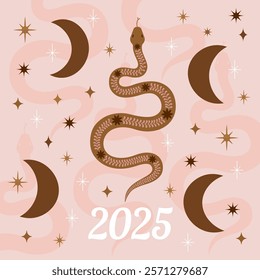 2025 Chinese Lunar New Year Boho Style Greeting Card featuring two decorative snakes, surrounded by flowers, stars, moon. Black background vector illustration. Prosperity, Happiness, Good Fortune.