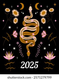 2025 Chinese Lunar New Year Boho Style Greeting Card featuring two decorative snakes, surrounded by flowers, stars, moon. Black background vector illustration. Prosperity, Happiness, Good Fortune.