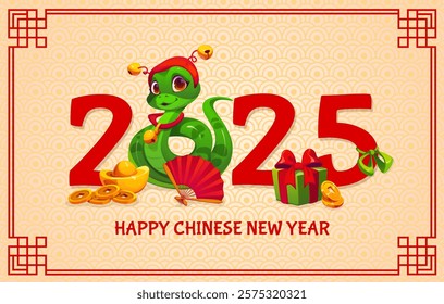 2025 Chinese lunar new year of snake banner with green reptile, fan, holiday gift box, gold coins and sychee ingot. Cute snake character wearing festive headgear, radiates celebration and prosperity