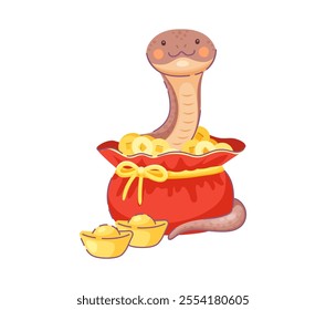 2025 Chinese Lunar Year snake cartoon character sits inside a red bag full of gold coins, adorned with a golden ribbon and ingots outside. Festive cute reptile animal symbolizing wealth and prosperity