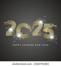 2025 Chinese New Year abstract golden multiply line design of 2025 year numbers in the shape of snake shining glitter sparkle firework black background greeting card