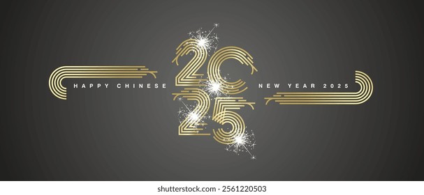 2025 Chinese New Year abstract golden multiply line design of 2025 year numbers in the shape of snake shining glitter sparkle firework black landscape background greeting card