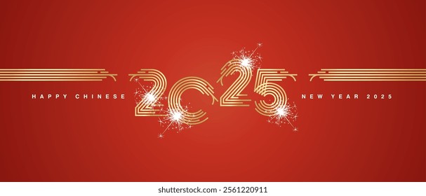 2025 Chinese New Year abstract golden multiply line design of 2025 year numbers in the shape of snake shining glitter sparkle firework red landscape background greeting card