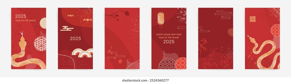 2025 Chinese New Year Background Collection. Golden Snake, Japanese Ornaments and Chinese Paper Lantern Designs for Year of the Snake Posters, Greeting Card, Posts.