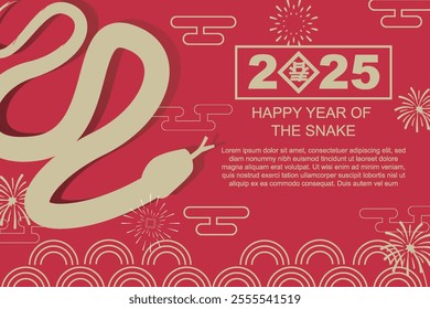 2025 Chinese new year background, year of the snake banner template design with beautiful snake and blooming flower background 