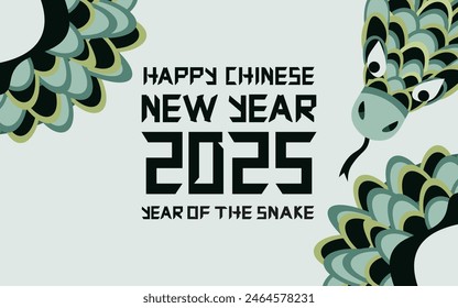 2025 Chinese New Year banner Design with Retro Geometric style green Snake. Pastel vector holiday background in trend Minimalistic vintage style with Typography. EPS 10