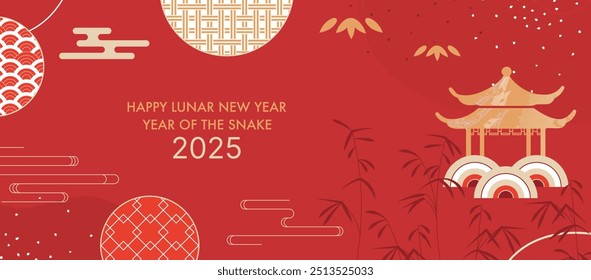 Banner de Ano Novo Chinês 2025 com Pagode Dourado, Bambu e padrões de círculo abstrato para a celebração do Ano da Cobra