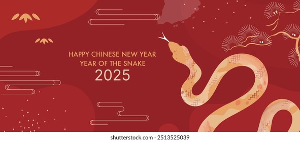 Banner de Ano Novo Chinês de 2025. Ano do modelo de cartão de serpente Design com cobra dourada e fundo oriental tradicional. Decorações de Ano Novo Lunar de Feriados Asiáticos.