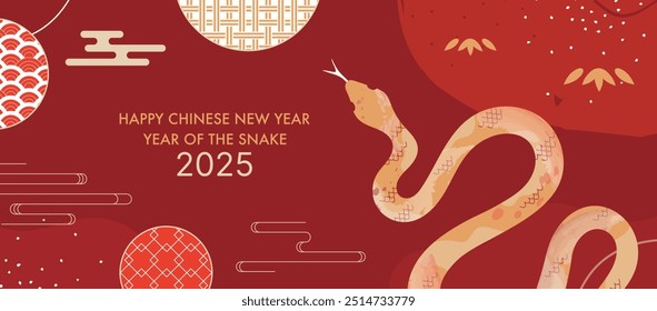 Anuncio chino del año Nuevo 2025 con la serpiente dorada y los patrones circulares en el fondo rojo para el año de la serpiente