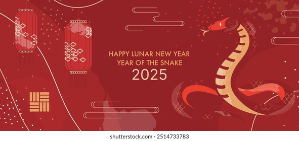 2025 Chinese New Year Banner. Year of the Snake Card Template Design with Luxury Snake and Traditional Paper Festival Lanterns Background. Traditional Lunar New Year Decorations.