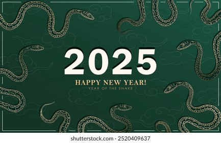 2025 Chinese New Year banner with linear golden coiled snakes as a frame on green background. Greeting card with Asian clouds and reptiles as Oriental horoscope symbol or zodiac sign Christmas holiday