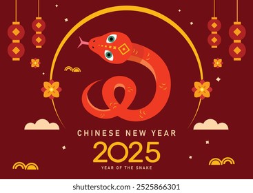 2025 Chinese New Year Banner. Year of the Snake Card Template Design with Red Snake and Traditional Oriental Background. Asian Holidays Lunar New Year Decorations.