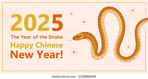 2025 Chinese New Year banner with the snake and text greeting on the clouds and fireworks background, oriental New Ear holiday wallpaper. Vector illustration.