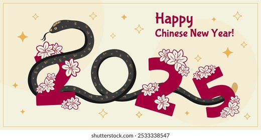Banner de Ano Novo chinês 2025 com o símbolo de cobra do ano e lanternas, celebração asiática, cartão de saudação e papel de parede com a serpente do zodíaco. Ilustração vetorial.