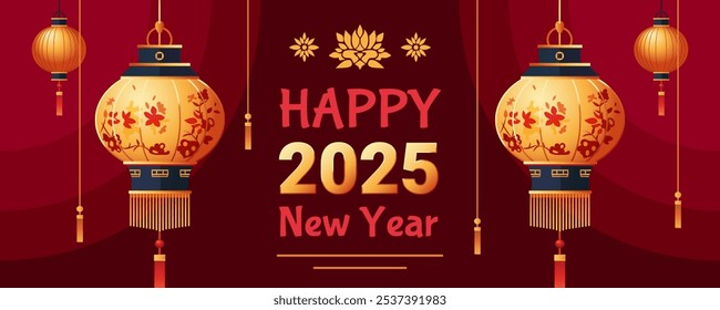 2025 Chinese new year banner with Chinese hanging lanterns and text greeting. Web banner, greeting, wallpaper and card. Vector illustration.