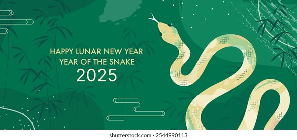 2025 Chinese New Year Banner. Year of the Green Snake Card Template Design with Golden Snake and Traditional Oriental Background. Asian Holidays Lunar New Year Decorations.	